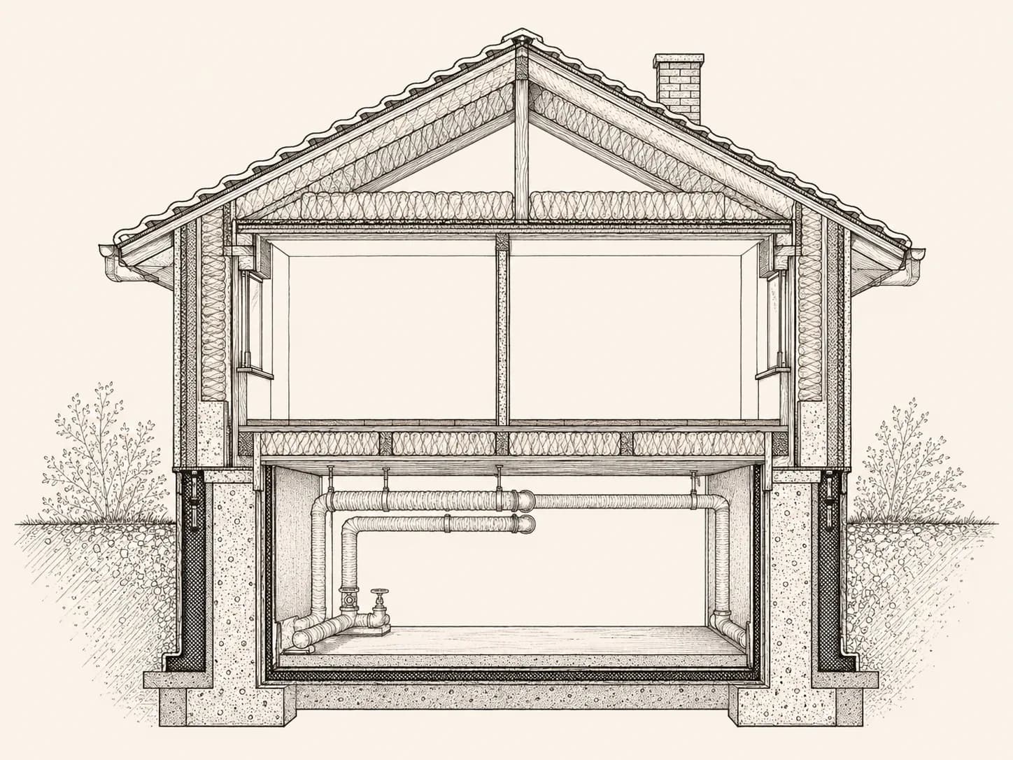 Querschnitt eines Altbaus mit den Bauteilen, in denen typische Altlasten wie Asbest, Teer und alte Mineralwolle sitzen